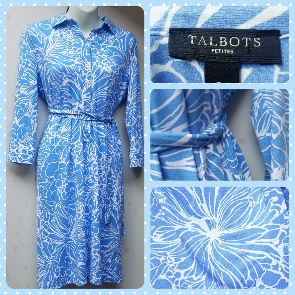 {Talbots} Petites Light Blue Flower Print Dress